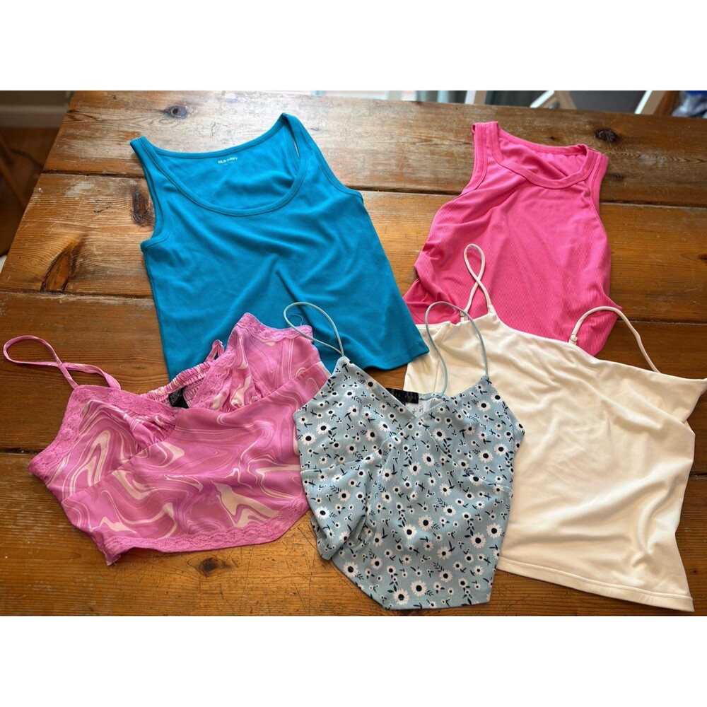 Bundle of 5 Pink & Blue Tank &  Cami Crop Tops for Summer Festivals Cottagecore